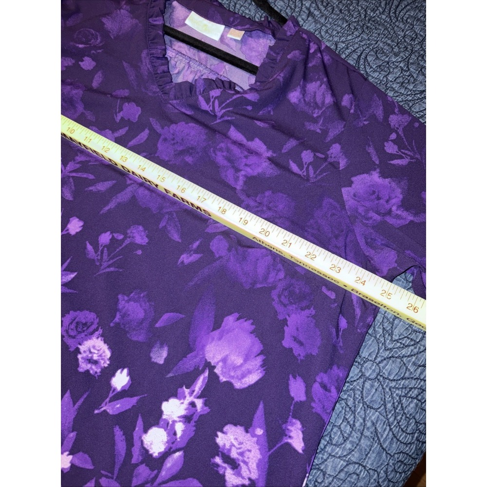 Belle Kim Gravel XL Purple Floral Ruffle Tunic Blouse Bell Sleeve Border Print - Picture 9 of 10